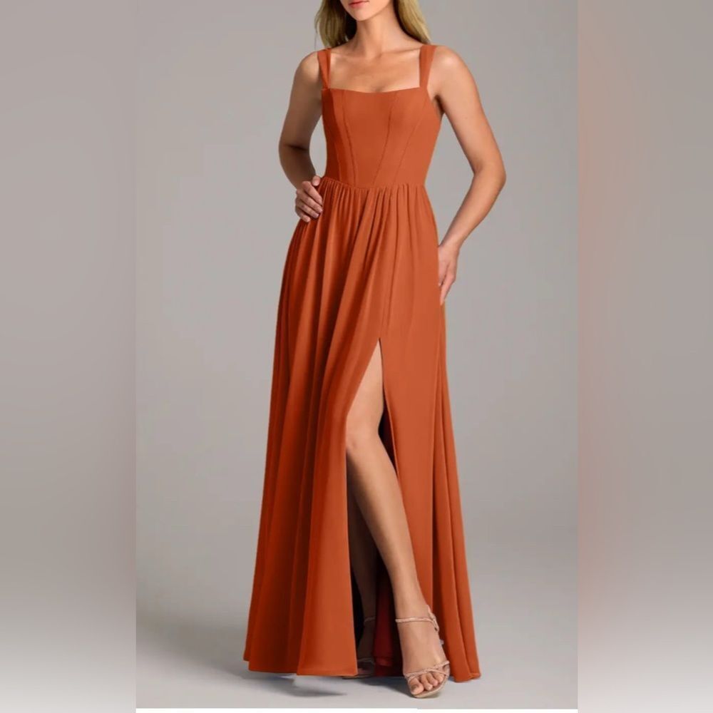 Azazie Rosaline A-Line Side Slit Stretch Satin Dress Orange Size 12 NWT